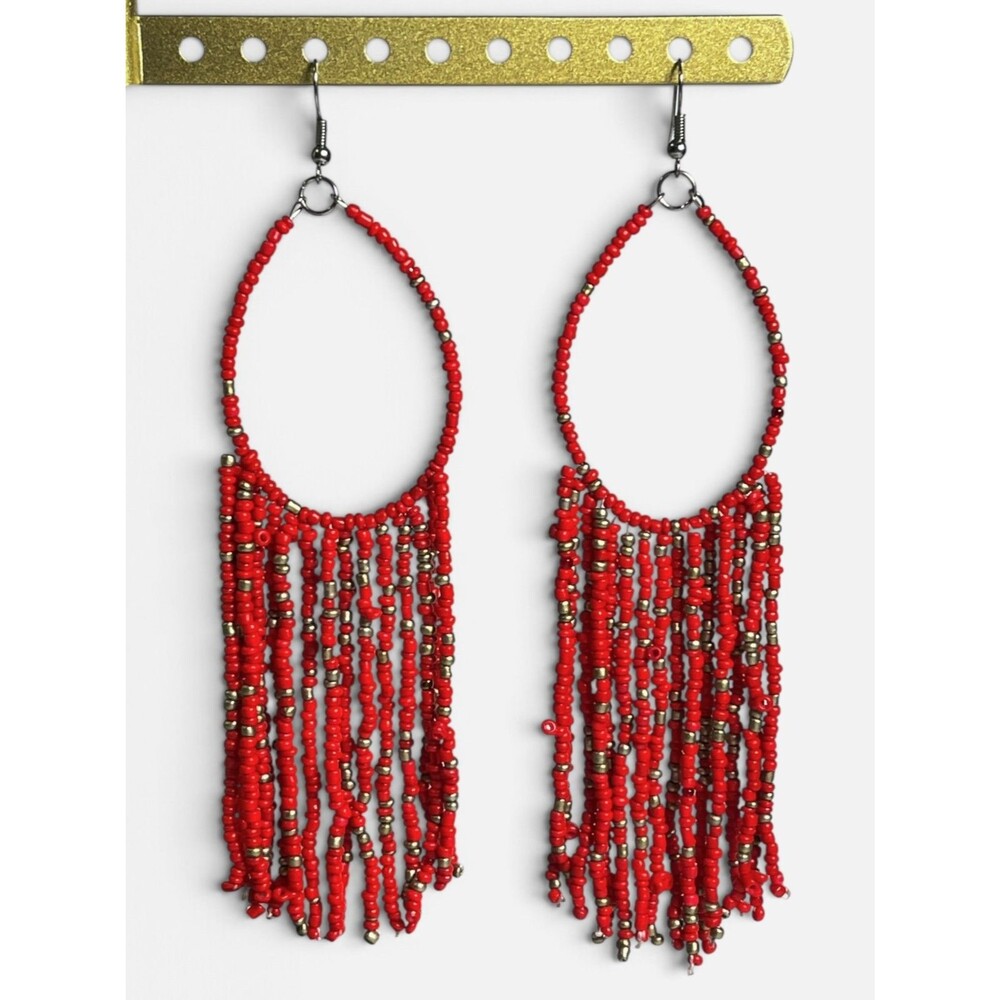 Fringe Hoop Earrings Red Seed Bead Dangle Tassel Long Hooks Beadwork Boho Hippie
